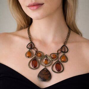 Ruby Rd Beaded Statement Necklace Bronze Tone Amber Brown Stones